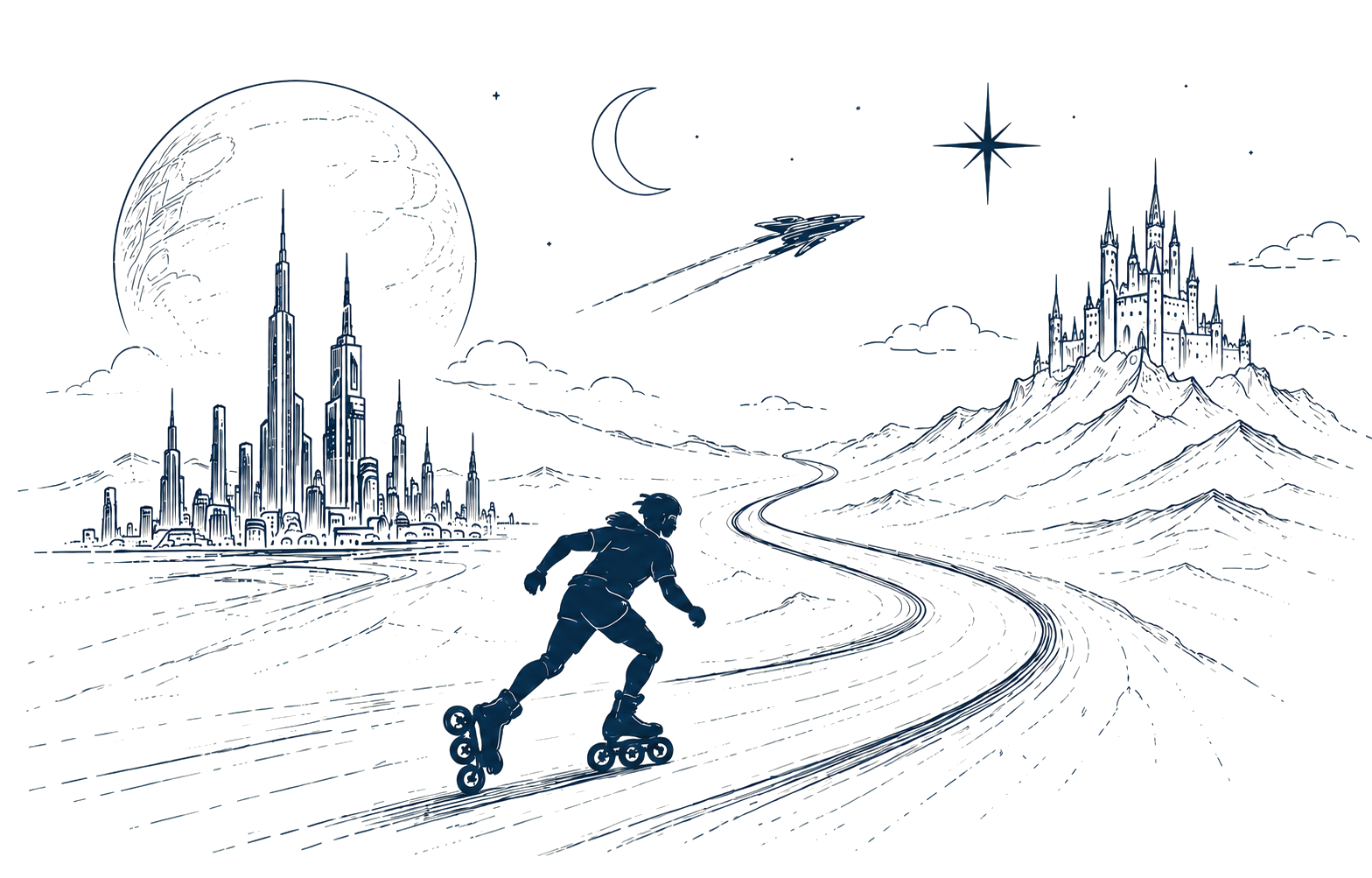 A skater moving along a route between a futuristic city and a fantasy castle, beneath a moon and a small spacecraft.