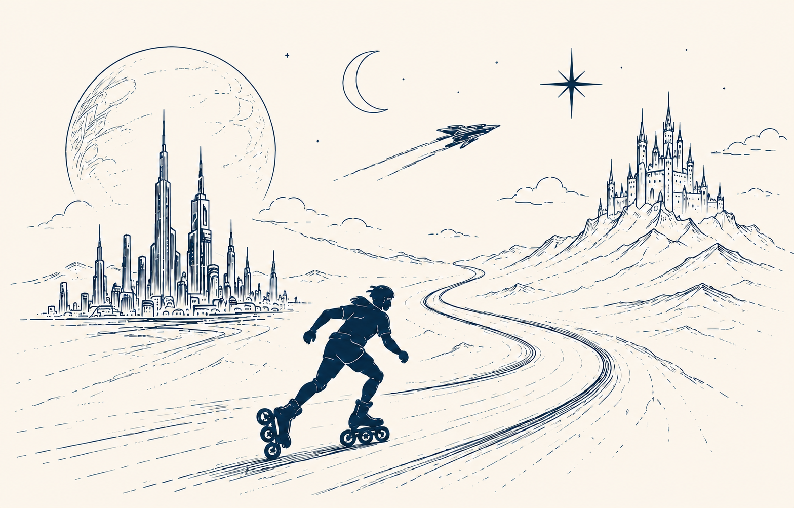 A sketched road between a futuristic city and fantasy castle, with a skater moving forward under a moon and a spacecraft.